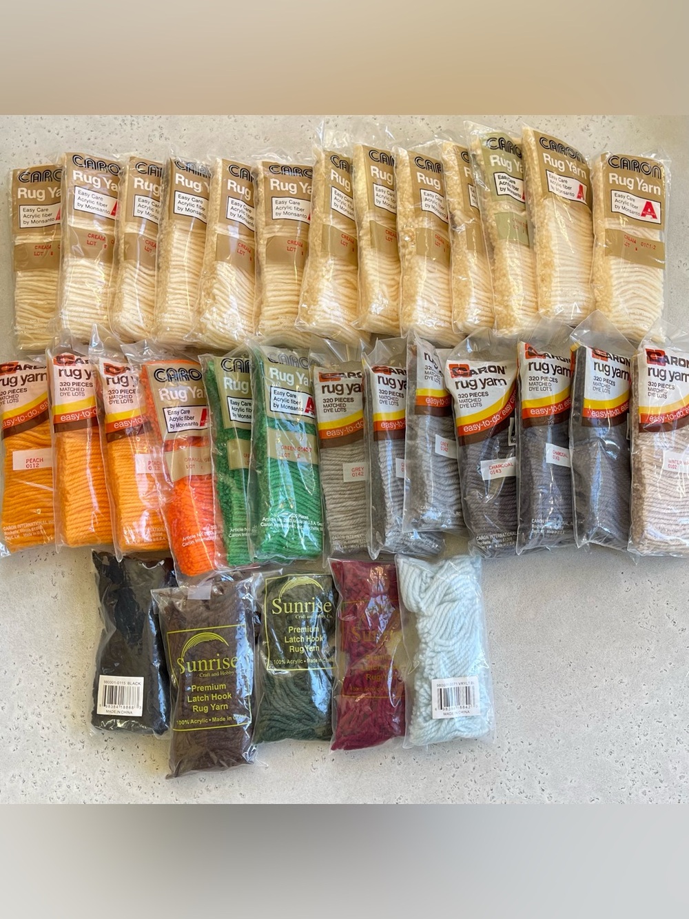 Vintage Mixed Lot Caron & Sunrise Latch Hook Rug Yarn Pre Cut Cream Orange Grey